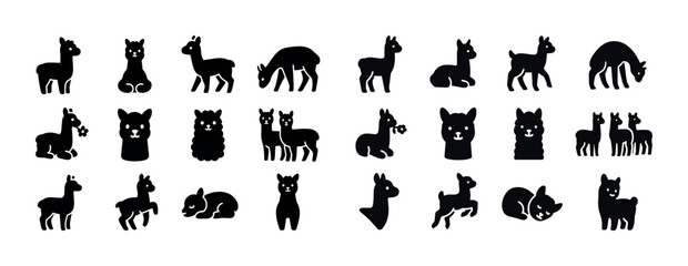 Fototapeta premium Set of 24 llama and alpaca silhouettes in various poses and styl