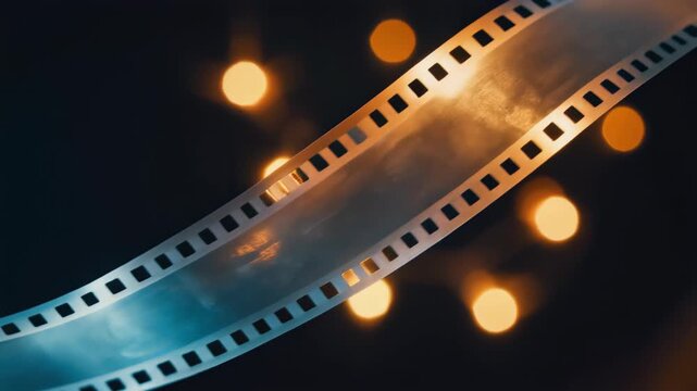 Close-up of vintage celluloid film strip glowing with warm bokeh lights against a dark background, concept for cinema poster, film production company and media concept