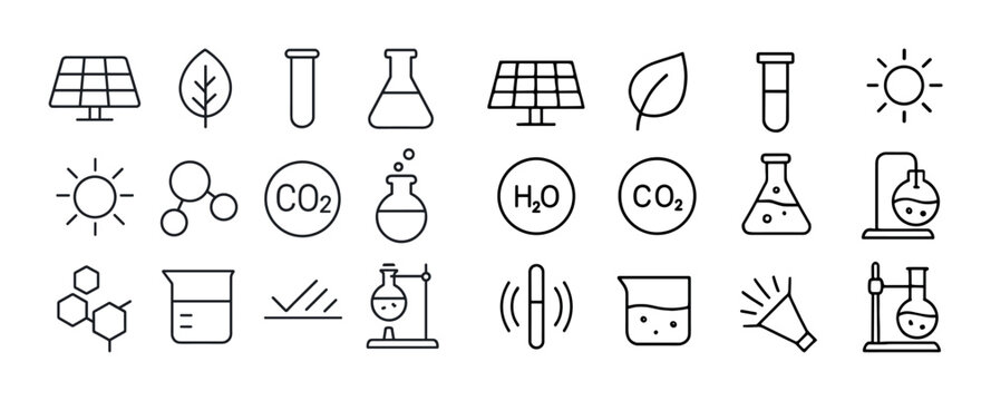 Renewable energy and chemistry icons featuring solar, leaf, and
