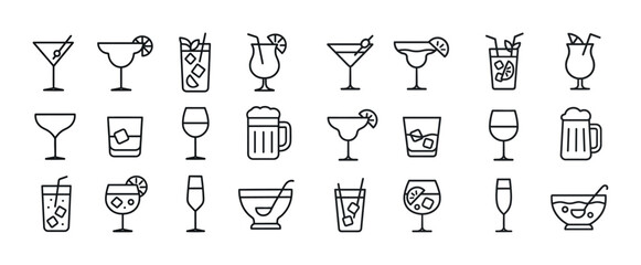 Line art cocktail icons: martini, margarita, beer, wine in minim