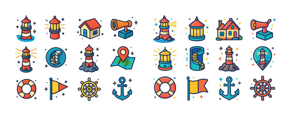 Colorful nautical icons set featuring lighthouse, anchor, and co