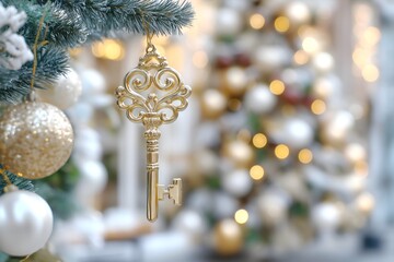 A Christmas tree ornament of a golden key on the tree, symbolizing the purchase of a new home in the New Year, at Christmas. 