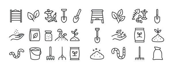 Naklejka premium Composting icons: tools, plants, worms, recycling, gardening ele