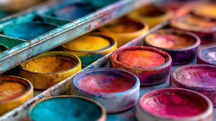 Close-up of a well-used watercolor paint set, showcasing vibrant colors and textured, dried paints in a rectangular tray