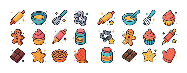 Colorful baking icon set: cupcakes, cookies, tools, and more