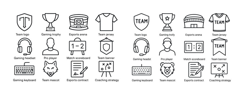 Esports icons: trophies, jerseys, mascots, scoreboards, and gami