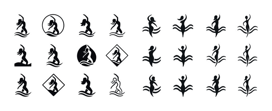 Surfer silhouettes: abstract icons and waves inspire dynamic oce