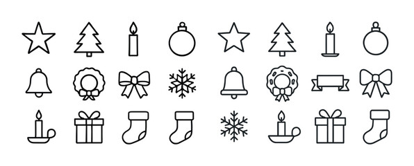 Fototapeta premium Minimalist christmas icons: trees, candles, bells, and gifts in