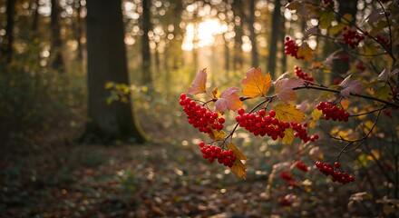 Autumnal Forest Scene with Berries and Sunlight.