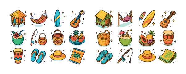 Colorful summer vacation icons featuring tropical items and beac
