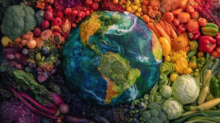 Colorful earth surrounded by fresh fruits and vegetables showcasing global agriculture and healthy eating habits in a vibrant display