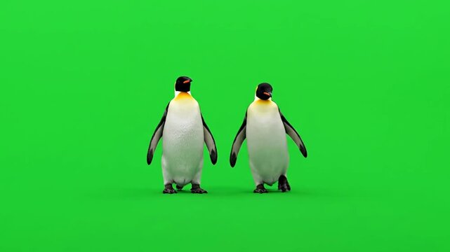 Two King Penguins Walking Together on a Green Screen Background.