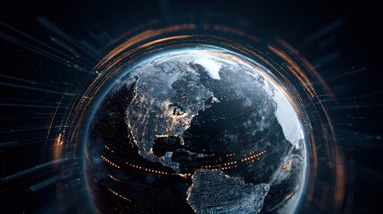 Global view of Earth at night with lights showing major cities and data streams from various locations across the globe creating a network of connections
