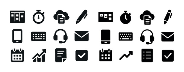Set of black office icons: business tools and communication symb