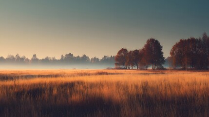 Obraz premium Peaceful Autumn Meadow at Sunset with Golden Grass, Soft Mist and Minimal Sky Copy Space