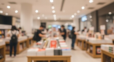 Blurred background of a modern bookstore with customers browsing books.
