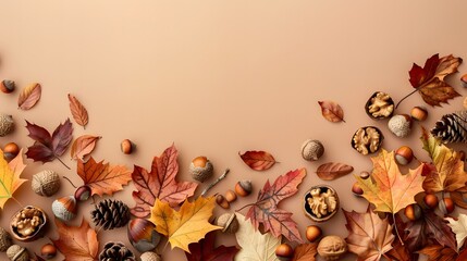 Minimal Autumn Flat Lay with Oak and Maple Leaves, Acorns and Nuts on Warm Earth Tone Background