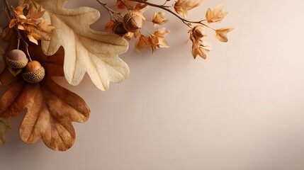 Minimal Autumn Flat Lay with Oak Leaves and Acorns on Warm Beige and Golden Gradient Background