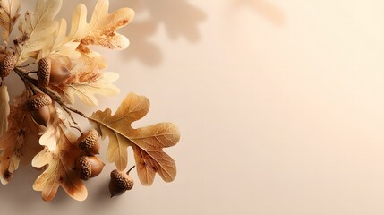 Minimal Autumn Flat Lay with Oak Leaves and Acorns on Warm Beige and Golden Gradient Background