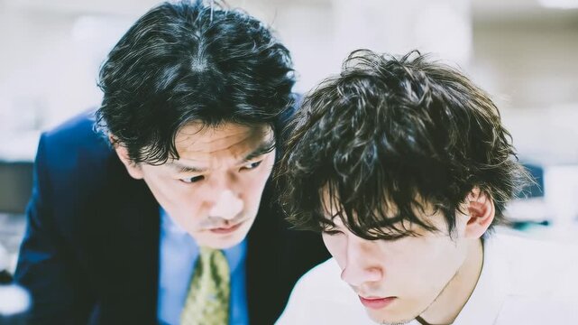 Manager mentoring employee at office workstation