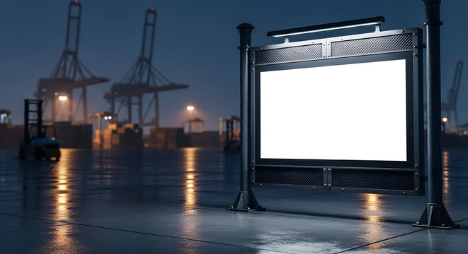 A blank steel  billboard with a night harbor in the background
