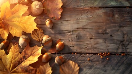 Cozy Autumn Flat Lay with Maple and Oak Leaves, Acorns and Hazelnuts on Rustic Wooden Table