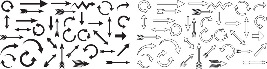 Mega set of black arrow icons. Diverse vector collection with solid and outline arrows for design. isolated PNG with Transparent Background