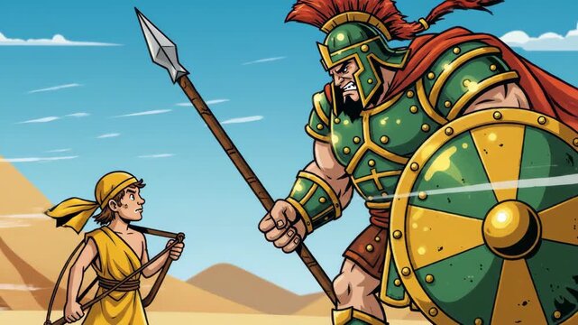 Cartoon illustration of small boy with sling facing giant green armored warrior with spear and shield in desert representing biblical story of David and Goliath courage and bravery
