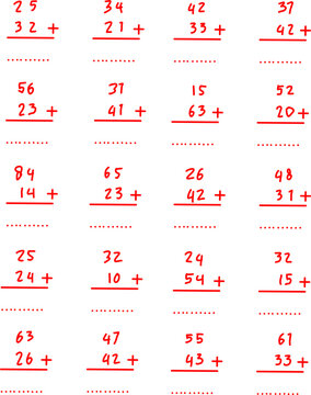 Handwritten elementary math worksheet with multiple two-digit addition problems in red ink, arranged in a grid for kids&rsquo; practice and education.
