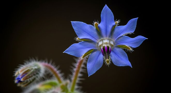Close-up of a vibrant blue borage flower with a dark background, showcasing its intricate details and delicate petals.
