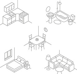 Line icons set of home interior rooms. Set of five minimalist linear interior room illustrations including kitchen, bedroom, bathroom, living room and dining room.