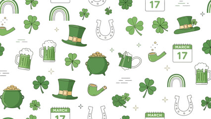 Obraz premium St. Patrick's Day Seamless Pattern of Lucky Symbols and Green Beer