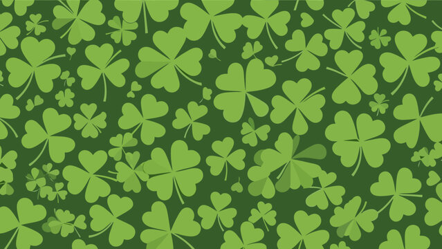 Seamless Pattern of Green Clover and Four-Leaf Clovers on Dark Background