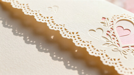 Paper card with lace edges and heart-shaped cutouts