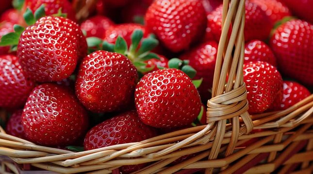 Fresh ripe strawberries in a woven wicker basket close up
