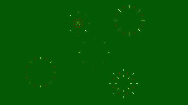 3 colorful firework cartoon style circle burst animation with white line, flat, vector explosions motion effects, and glowing geometric spark trails on transparent black screen background. 4k 