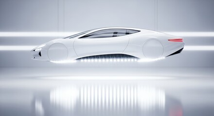 Futuristic White Hover Car Gliding on a Modern Road.