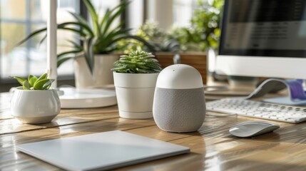 Futuristic smart home assistant on a sleek modern desk  a vision of advanced technology