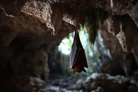 Brown Bat Hanging Upside Down in a Dark Cave