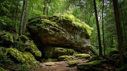 Large rock formation under green trees in a forest area during the day shows a diverse landscape where nature thrives with plants and moss
