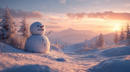 Snowman stands in winter landscape at sunset with mountains in the distance and trees covered in snow