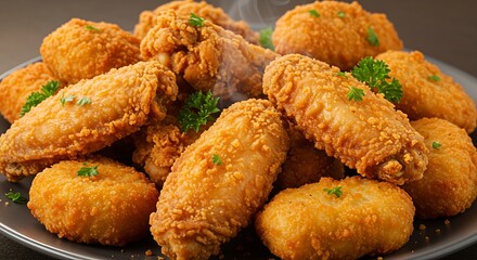Delicious golden fried chicken pieces on a plate.