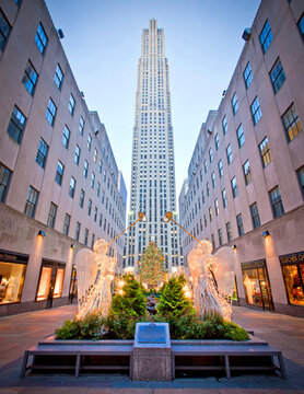 New York City, USA; 28th Dec 2011: The historical New York landmark Rockefeller Center famous for its iconic Art Deco architecture and dazzling Christmas tree in winter and also home to NBC Studios.