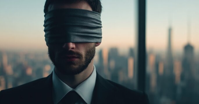 Blindfolded man cityscape