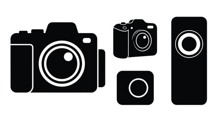 Diverse Camera Silhouettes and Icons: Photography Devices from DSLR to Smartphone App, Vector Graphic Design Elements