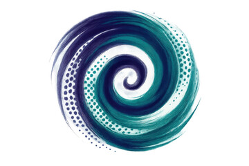 Abstract spiral brush stroke swirl creating a hypnotic effect with halftone dots, teal and blue colors, transparent background