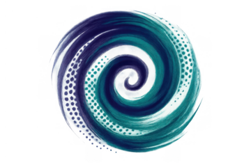 Abstract spiral brush stroke swirl creating a hypnotic effect with halftone dots, teal and blue colors, transparent background