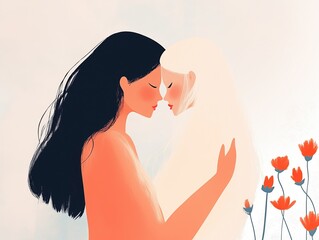 Tender Embrace of Two Women with Red Poppies