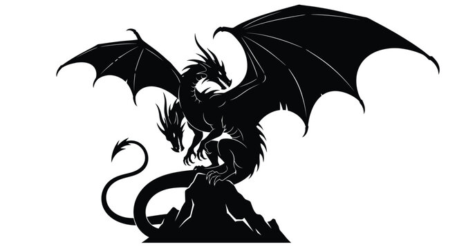 Powerful Two-Headed Dragon Silhouette Perched on Rock, Mythical Fantasy Beast Vector Graphic Design Element, Legendary Creature Illustration