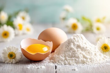 Fresh eggs and flour prepared for baking on a wooden table